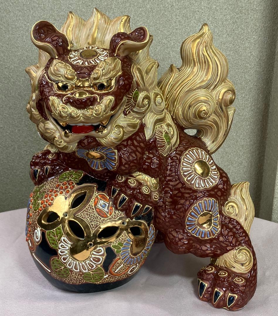 唐獅子 九谷焼 置物 魔除け 狛犬 玉獅子 縁起物 特大　刻印あり 外箱あり