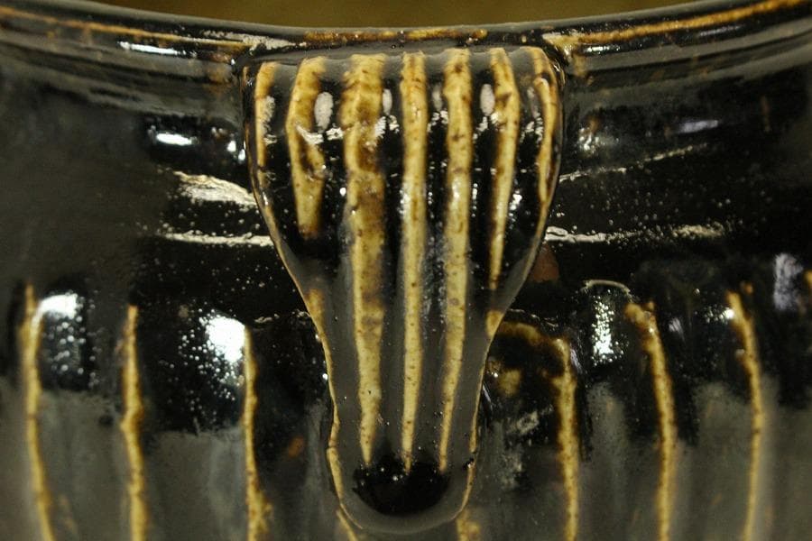 中国美術 黒釉 條紋壷 水指 茶道具伝来(ZE735)