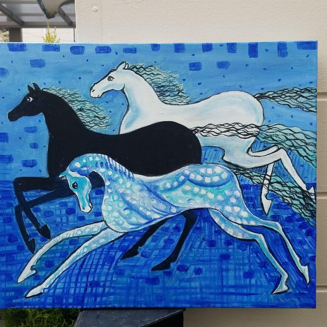 油絵　専用　青い世界の馬たち