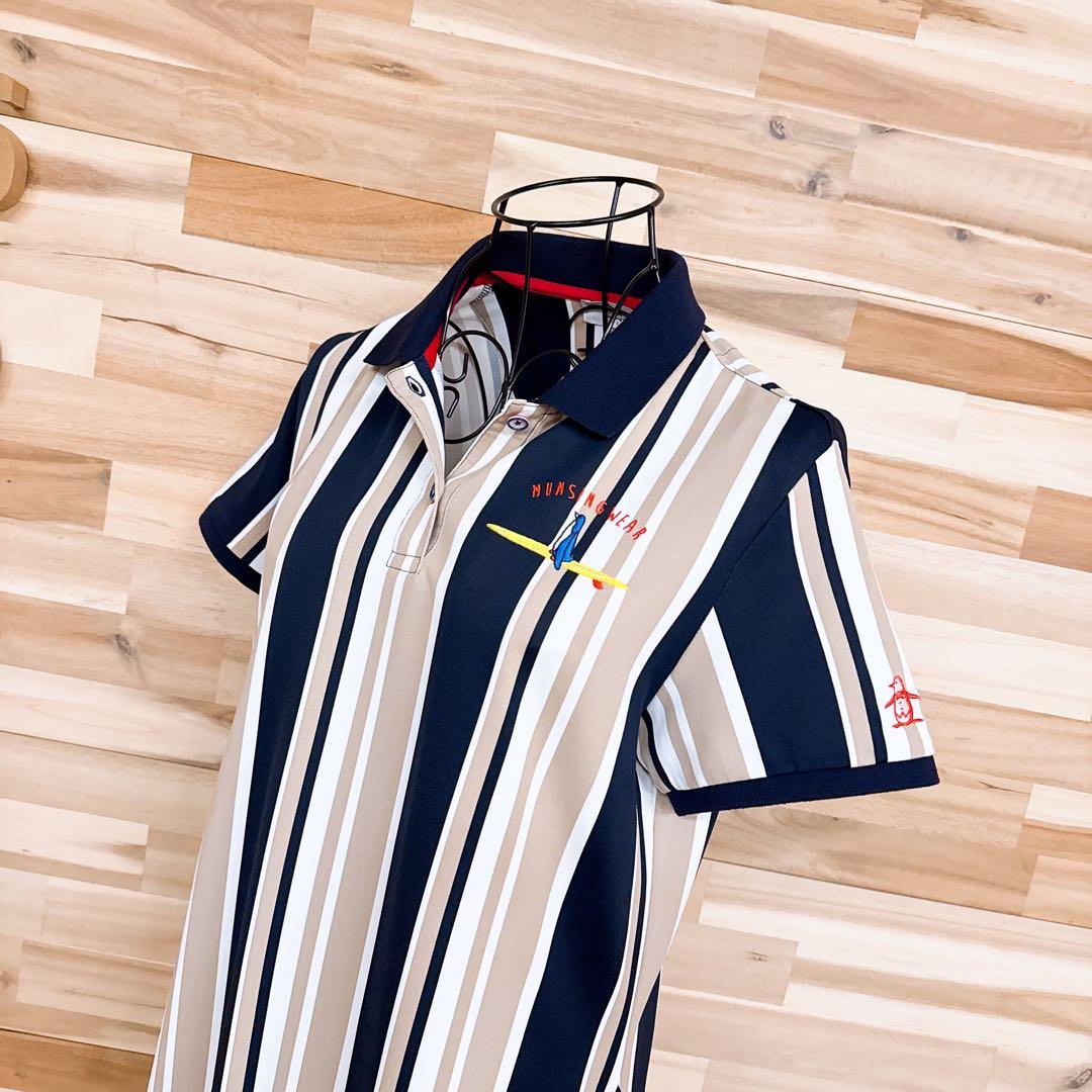 【マンシングウェア】ストライプ ポロシャツ ワンピース ゴルフ L ベージュ×紺