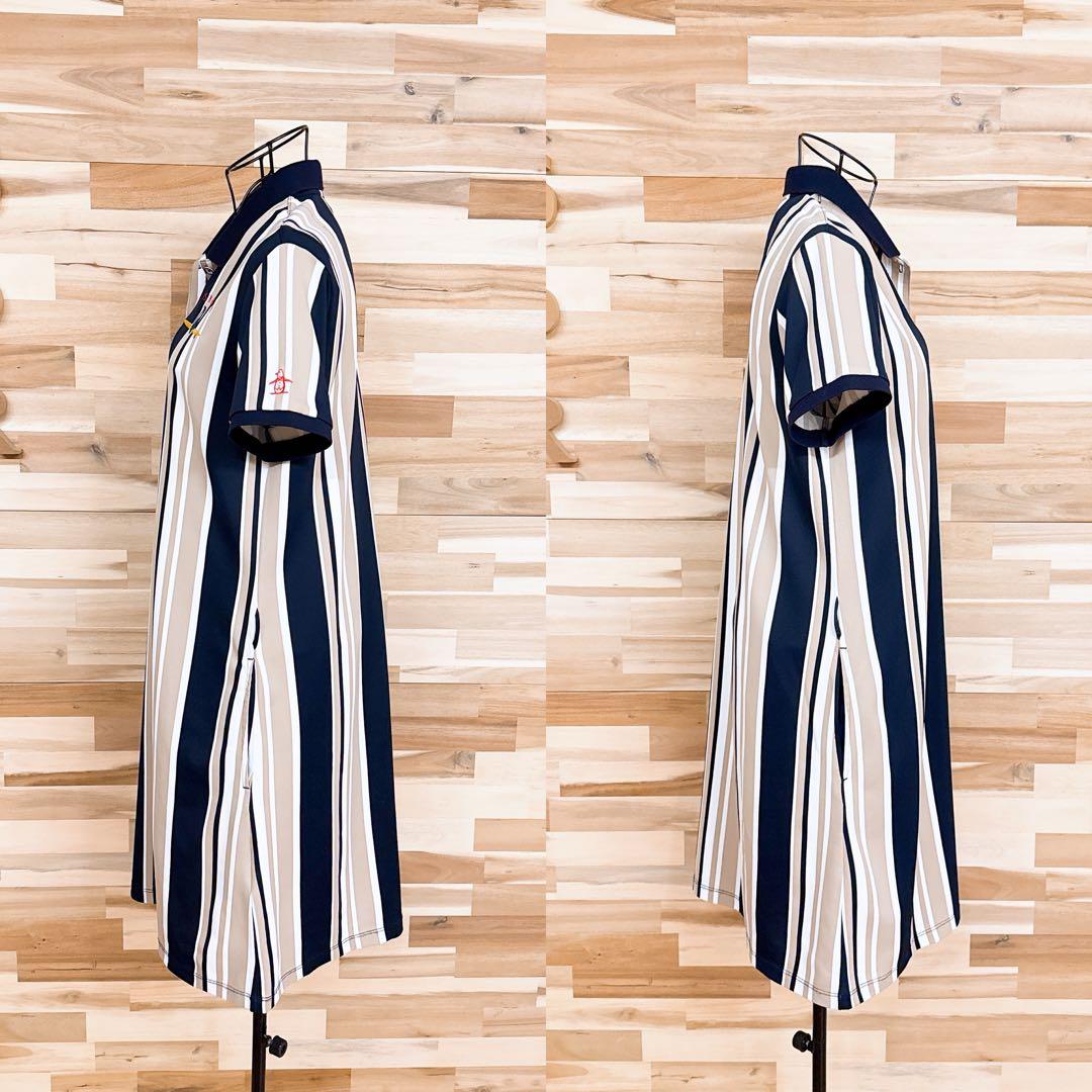 【マンシングウェア】ストライプ ポロシャツ ワンピース ゴルフ L ベージュ×紺