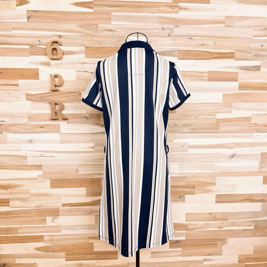 【マンシングウェア】ストライプ ポロシャツ ワンピース ゴルフ L ベージュ×紺