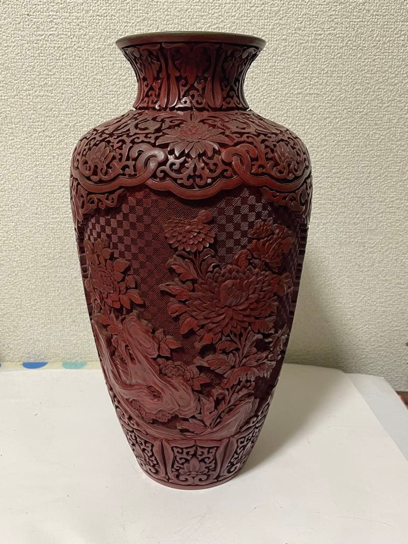 中国美術　堆朱　剔紅花瓶　美品アンティーク　高さ約39㎝