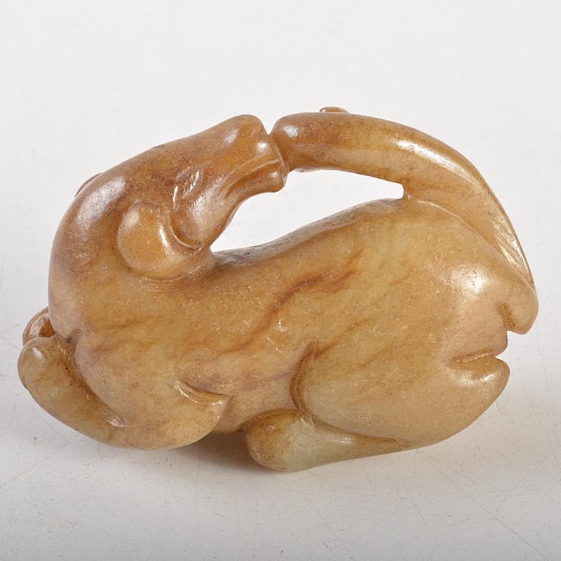 中国　玉石白玉彫刻　神獣　根付　紙鎮　置物　C　7706E