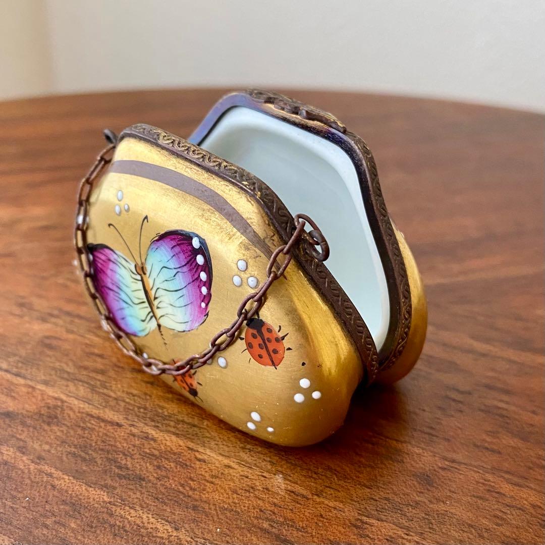 フランス製 ヴィンテージ リモージュボックス バッグ 蝶 てんとう虫 手描 金彩