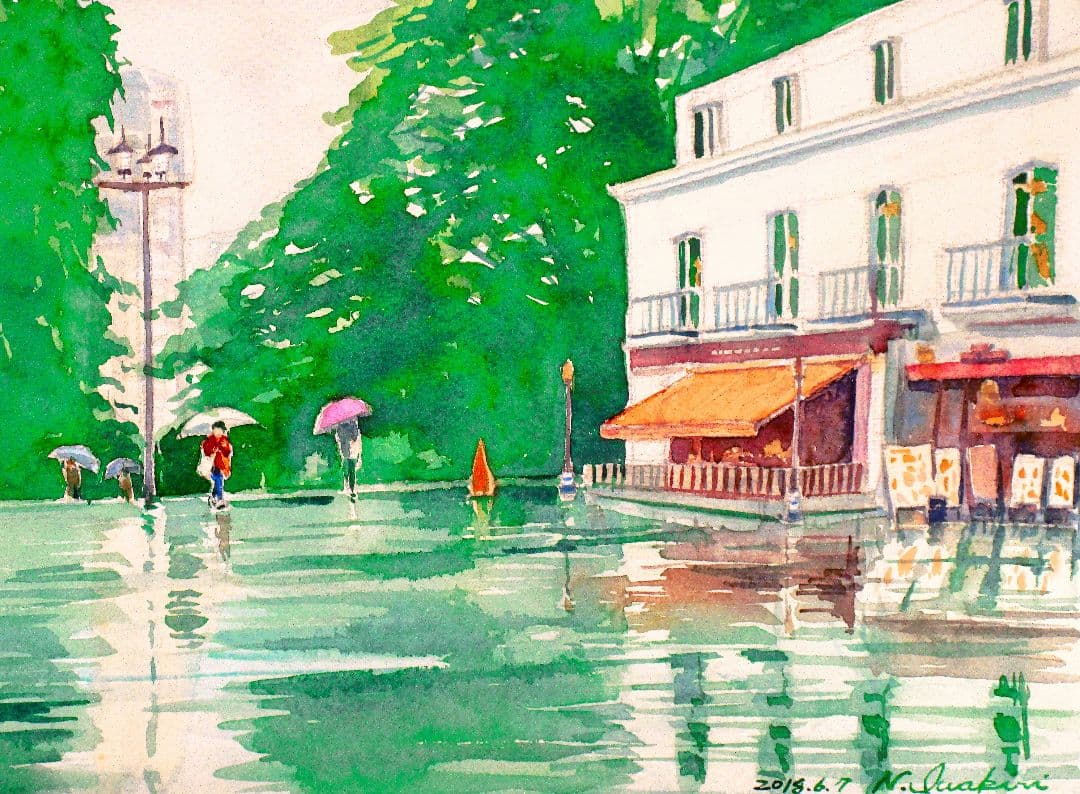 水彩画「公園のレストラン前」