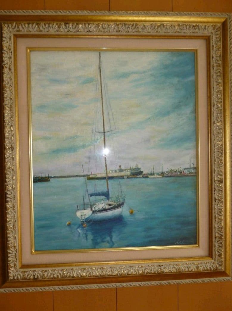 「帆船」油絵　原画（肉筆）F10額付き