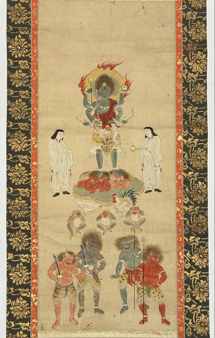 「江戸時代筆 彩色画 青面金剛図」1幅|庚申 真言宗 仏画 仏教美術 掛軸