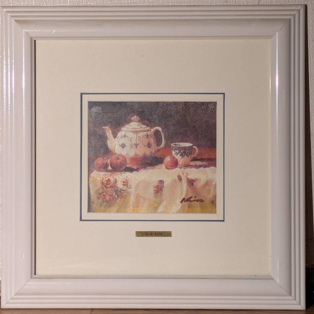 【真作】絵画　油彩　ティーポットと果物　静物画　洋食器と林檎　Y198