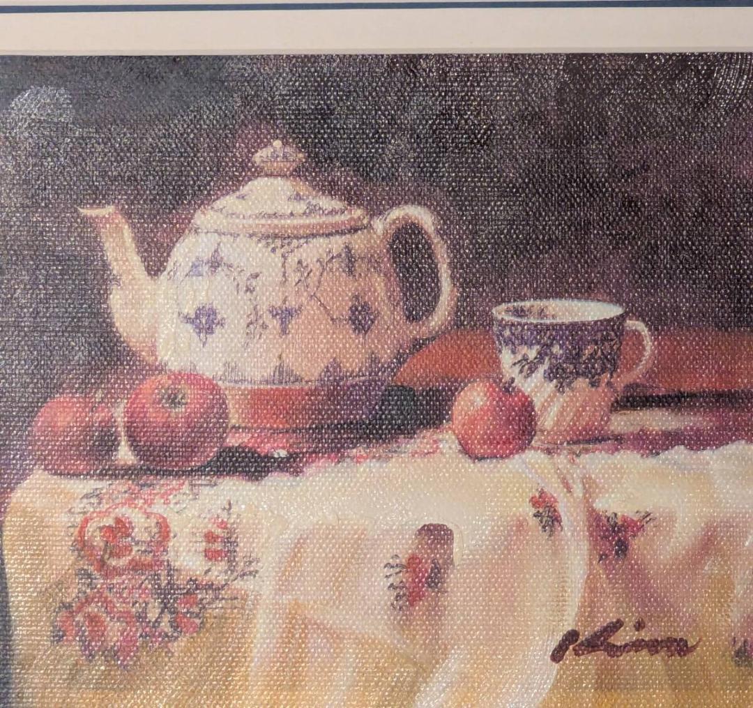 【真作】絵画　油彩　ティーポットと果物　静物画　洋食器と林檎　Y198