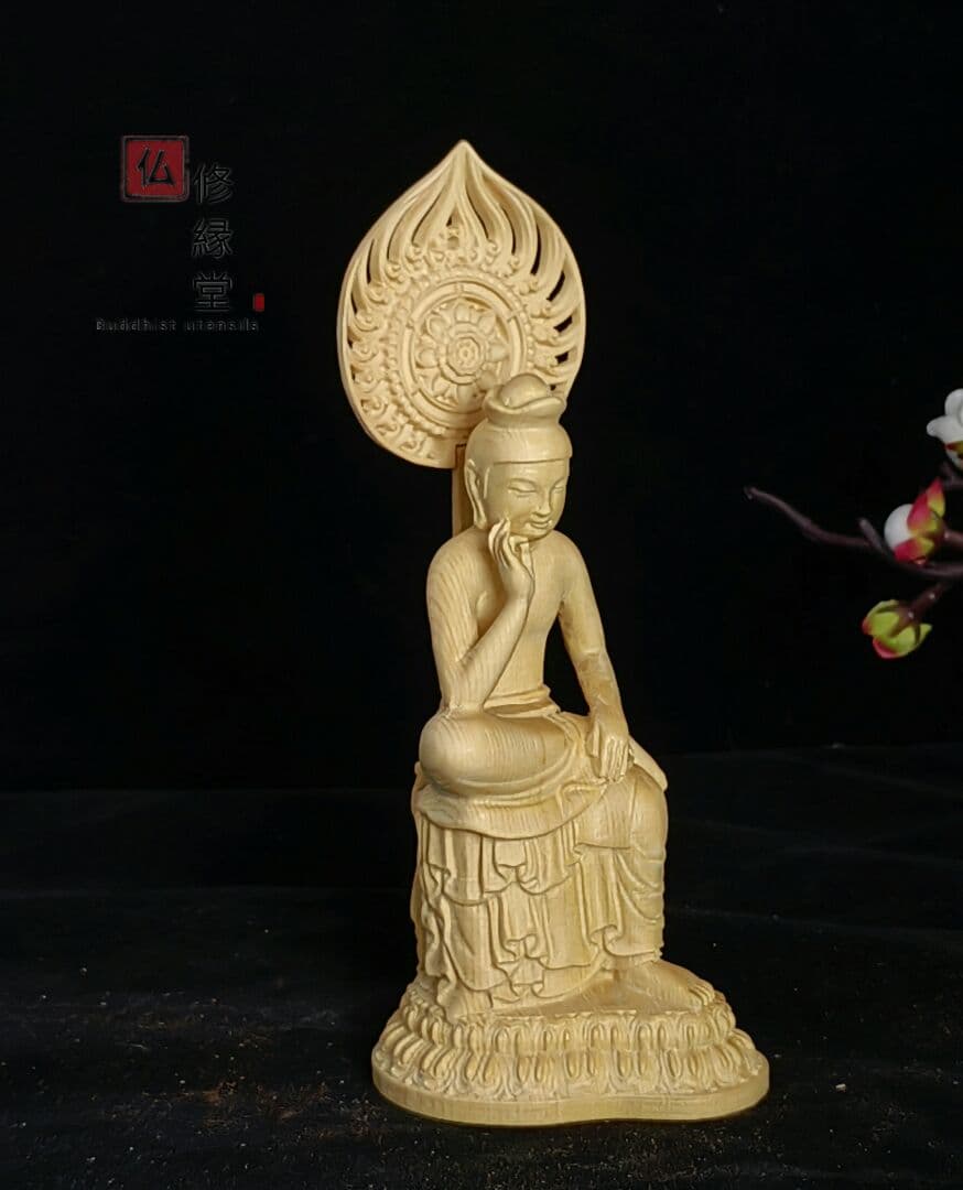 【修縁堂】木彫り 仏像 静思弥勒菩薩像座像 思惟菩薩 彫刻 一刀彫 天然木檜材