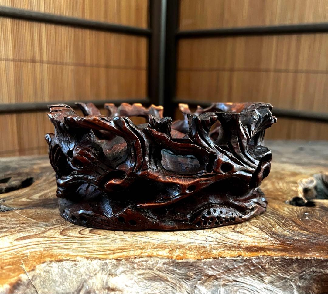 小型 古木 根卓 透かし彫り 花台 香台 盆栽台