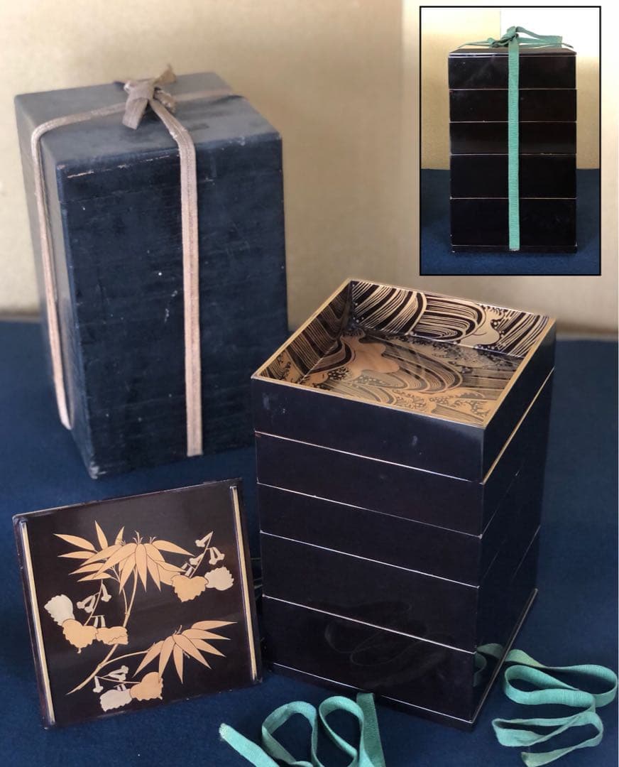 《レ》時代 内蒔絵 五段重 重箱 木製漆器 木箱　251117え2