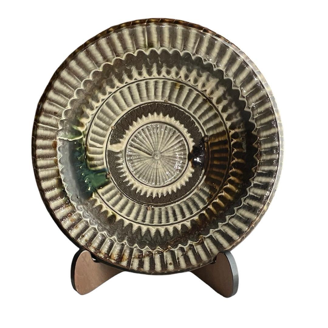 小石原焼 大皿 40cm 飛び鉋文様 お皿立て付き