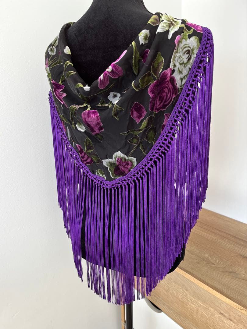 【アウトレット】フラメンコ　マントンシージョ　黒地xパープル花柄　パープルフレコ