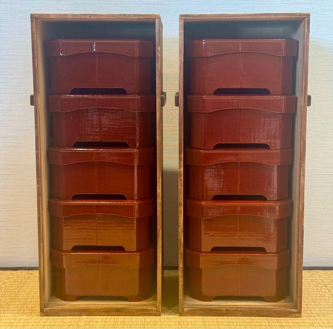 塗師 堅地屋清兵衛 作 冷泉好朱絵 縁高5重 2組 計10点 茶懐石道具 弁当箱