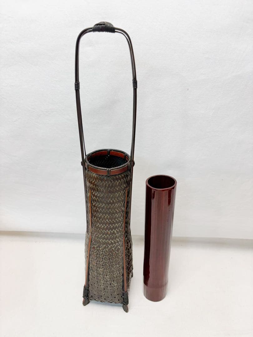 未使用 華道具 竹 手持ち 唐物写花籠 落とし付き 和室 茶室 竹細工 花器