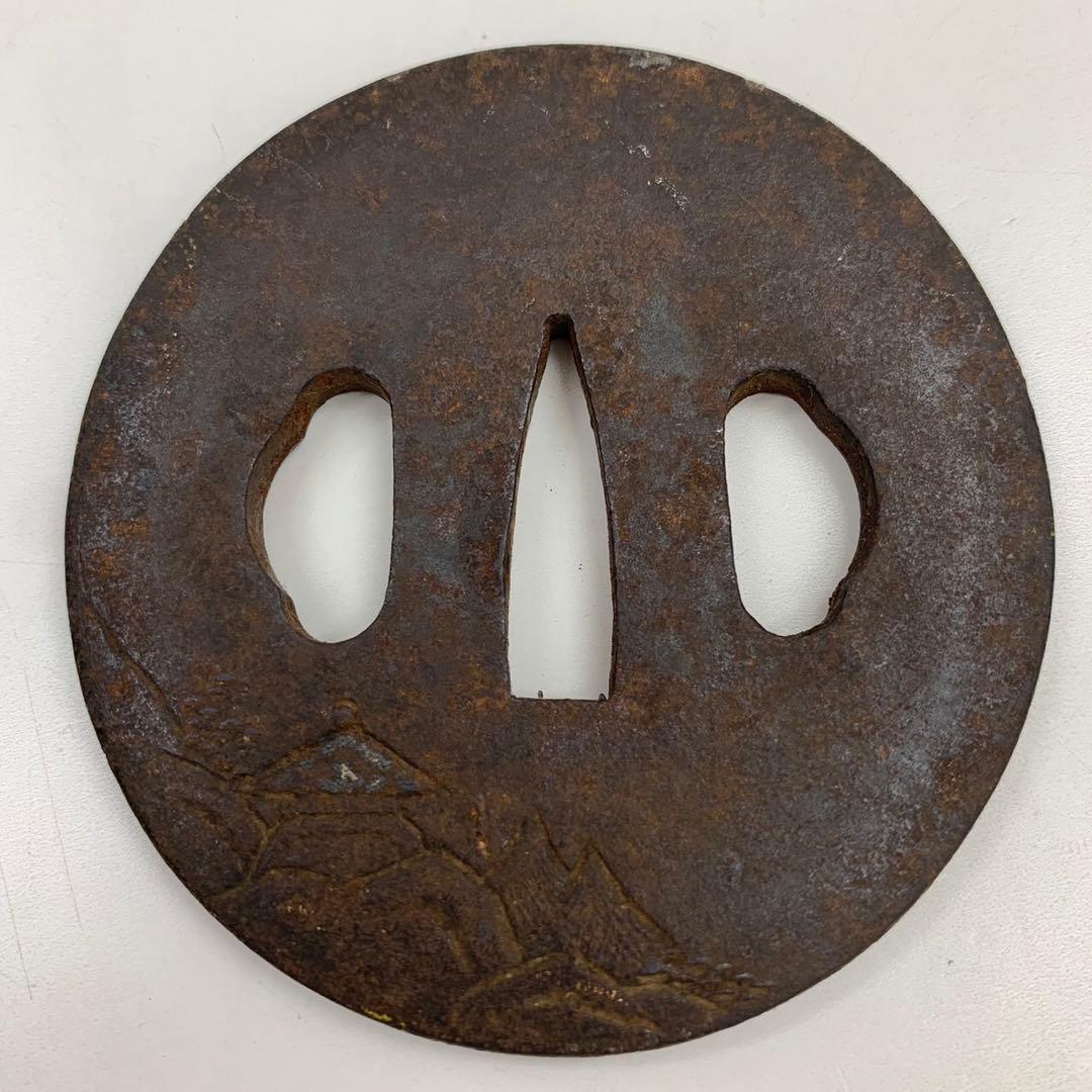 刀鍔 金象嵌 金彩 刀装具 鉄鍔 山水家人図 時代物