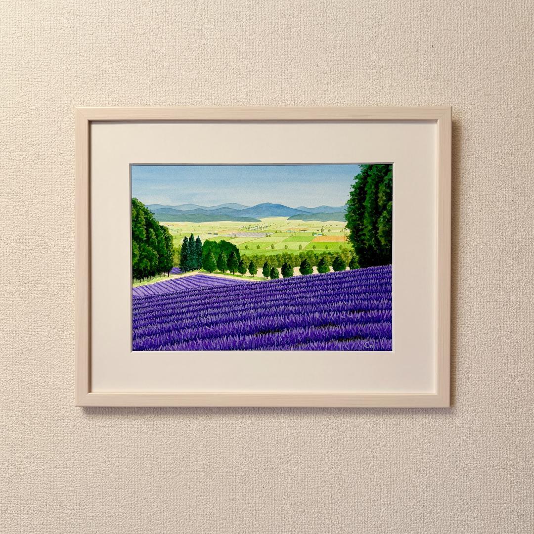 アクリル画　原画　「ラベンダー畑15」額縁付　F４サイズ　風景画