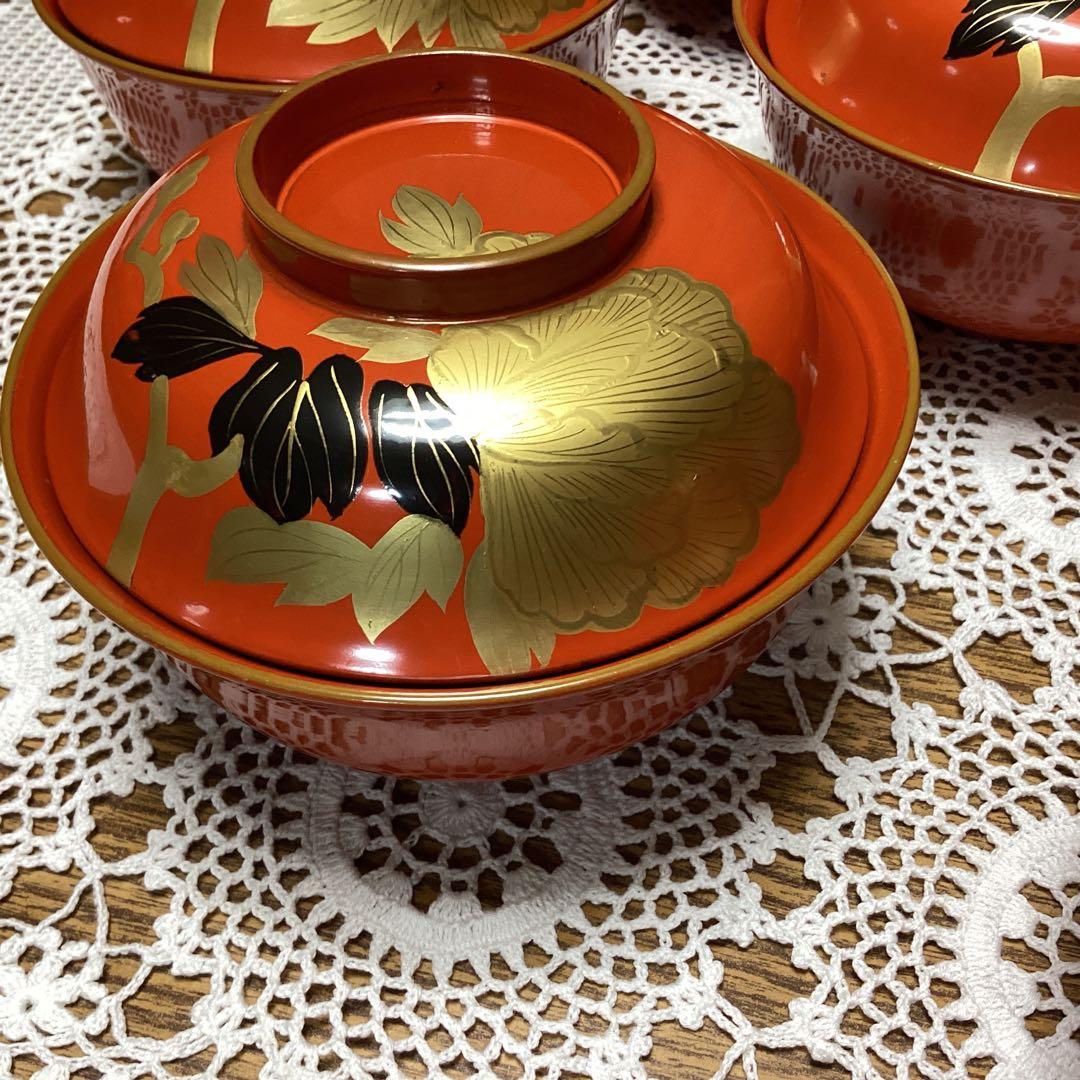 k2f8 朱色 牡丹　蓋付き椀 10客　金色装飾　年代物