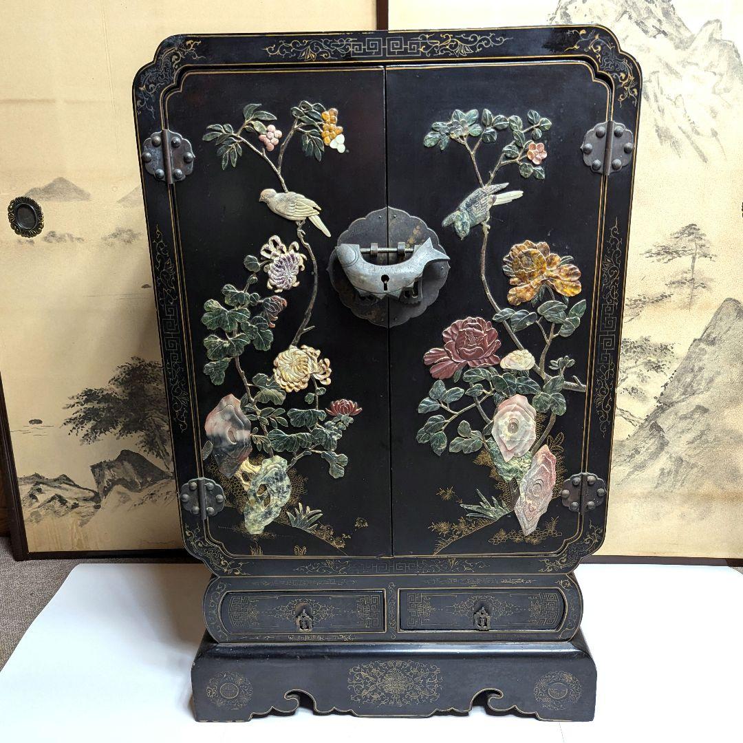 美術品 中国玉石木製 箪笥 花鳥模様 骨董品　アンティーク　レトロ