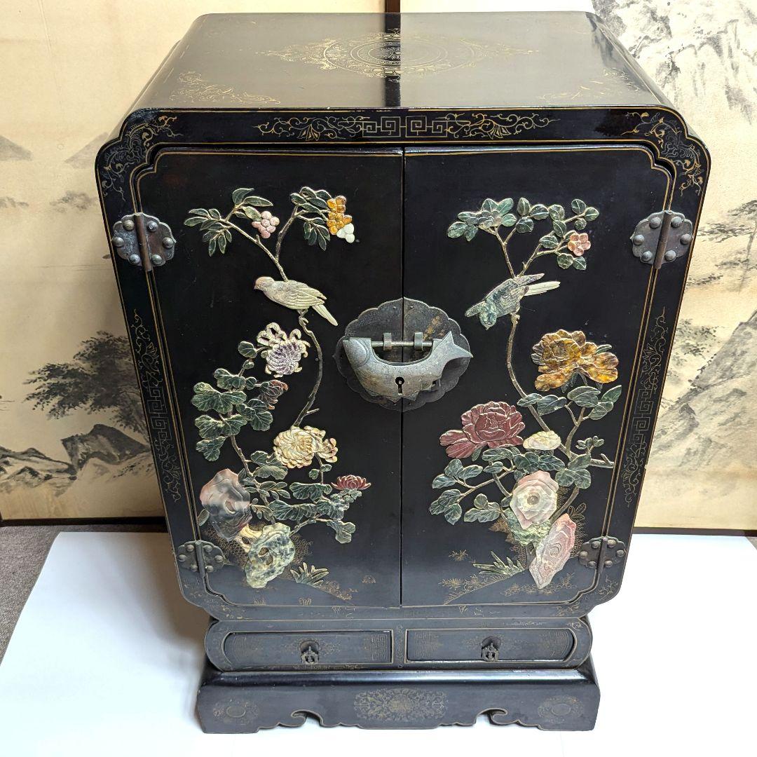 美術品 中国玉石木製 箪笥 花鳥模様 骨董品　アンティーク　レトロ