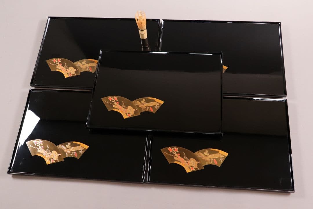 MA202 輪島塗 慶塚 扇面五節句蒔絵 卓上膳 五客 黒塗 足付長方膳 木製