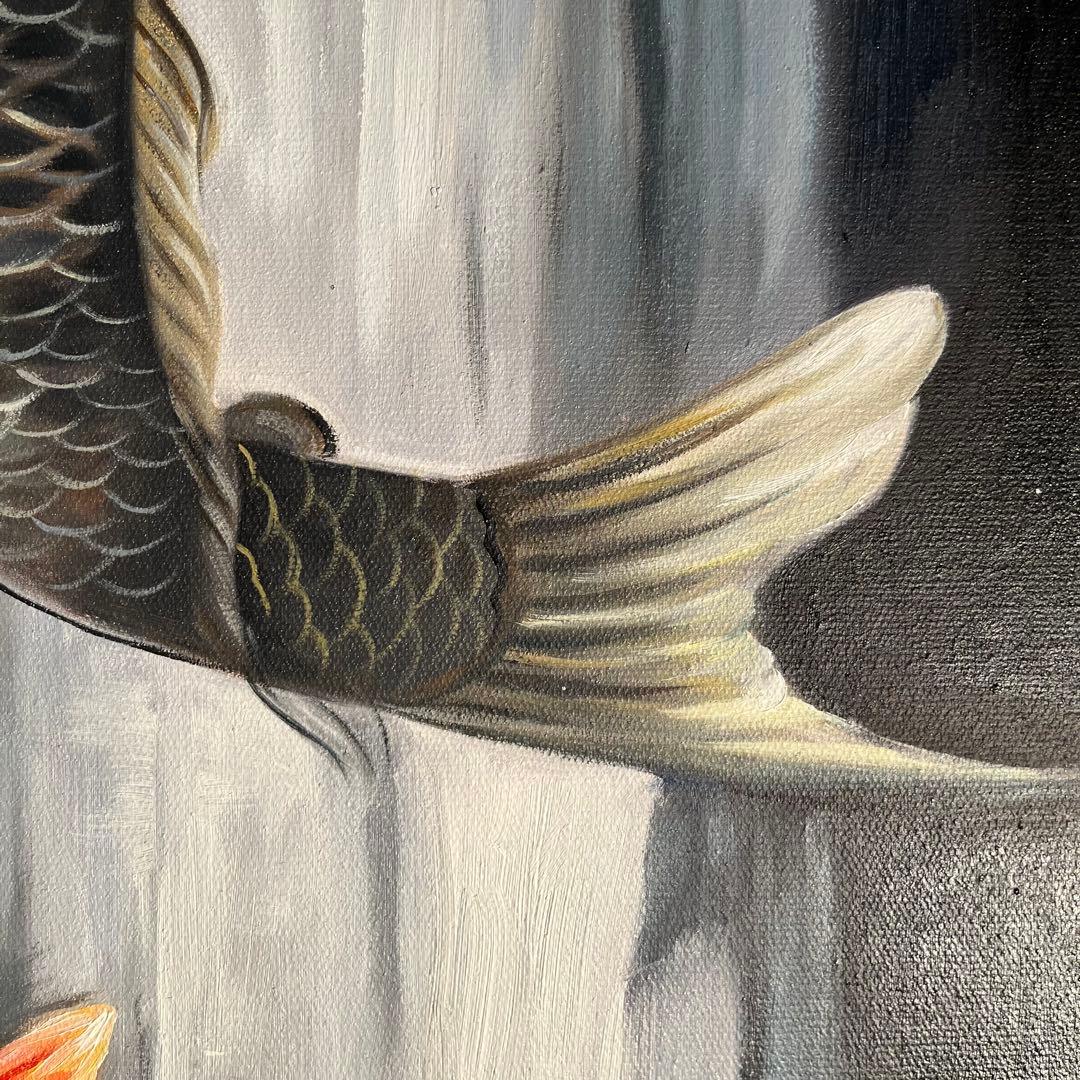 （大型）手書き油絵 鯉の滝登り 肉筆絵画 インテリア 油彩画