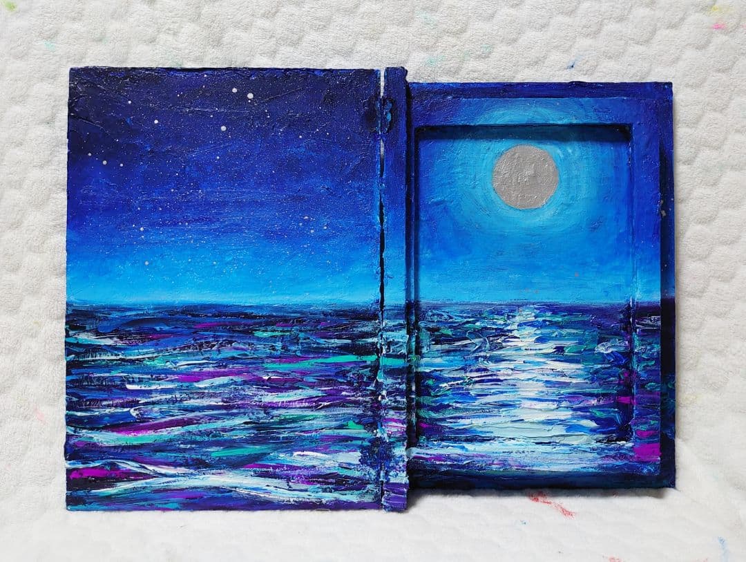 油絵 絵画 ブックボックス【夜の海】