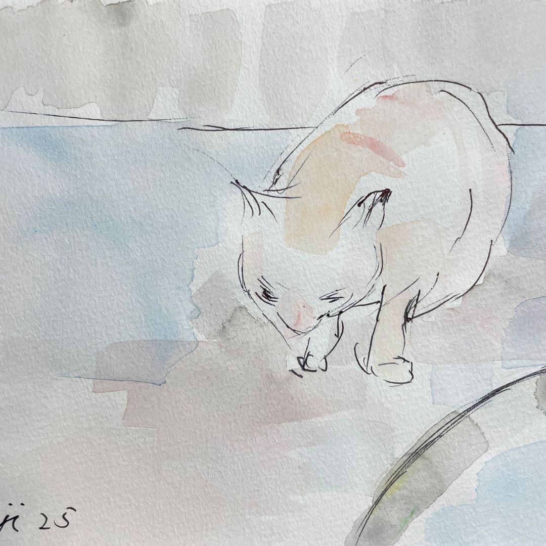 【原画】猫 水彩画｜静かな時間｜画用紙・121×251mm｜額装イメージ有