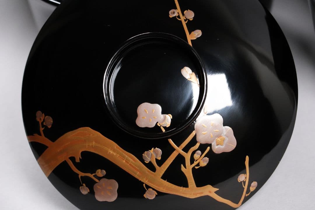 木製漆器 梅蒔絵 黒塗 椀 五客 漆芸 茶懐石 会席道具【MA287】