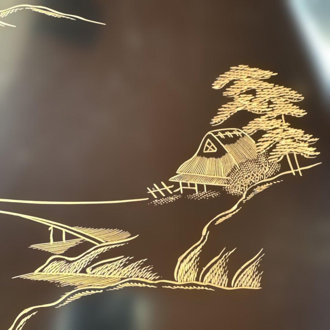 輪島塗　漆器 膳 5枚セット 黒と金の風景　蒔絵　沈金