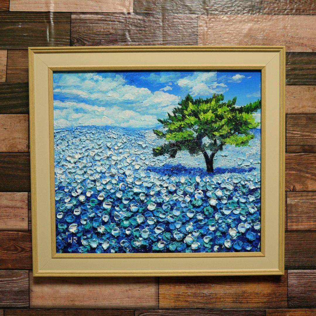 油絵 ネモフィラ畑【色紙】