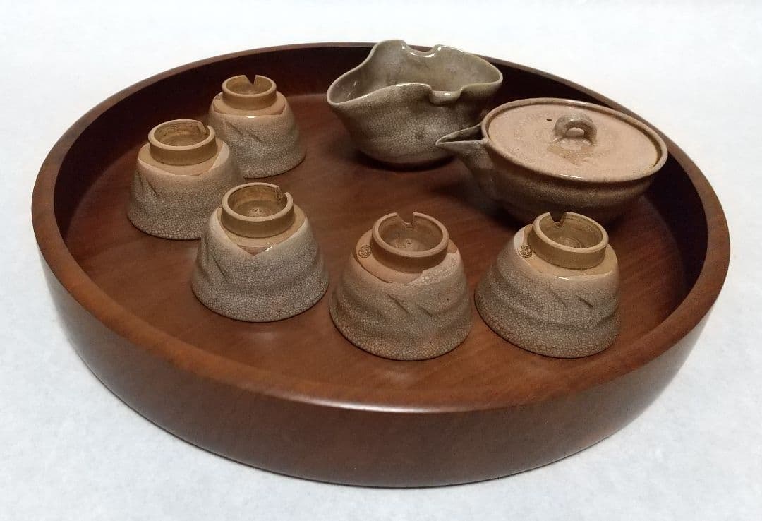 萩焼茶器セット 松綠 特注栃の木お盆付き