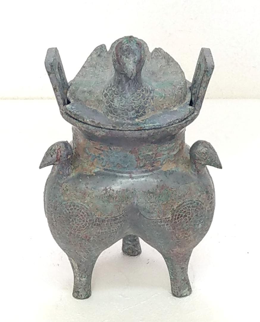中国 西周青銅器 彫刻 三足 蓋付き 鳥装飾 酒器 高さ21.5cm