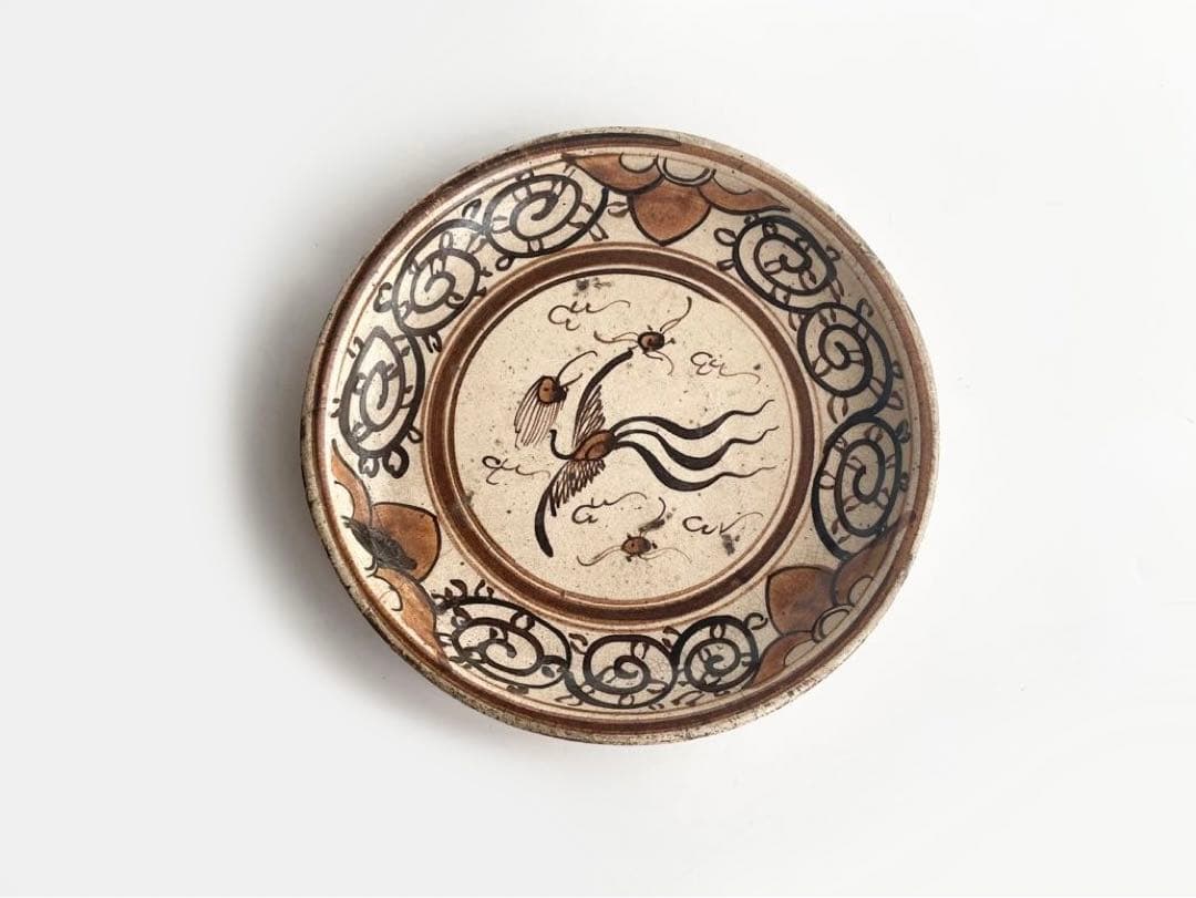 骨董　アンティーク　絵瀬戸　絵志野　鳳凰唐草文様　行燈皿　丸皿　石皿　瀬戸