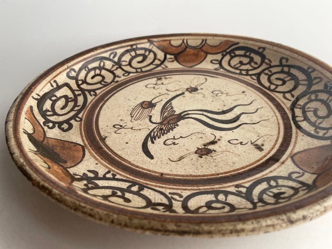 骨董　アンティーク　絵瀬戸　絵志野　鳳凰唐草文様　行燈皿　丸皿　石皿　瀬戸