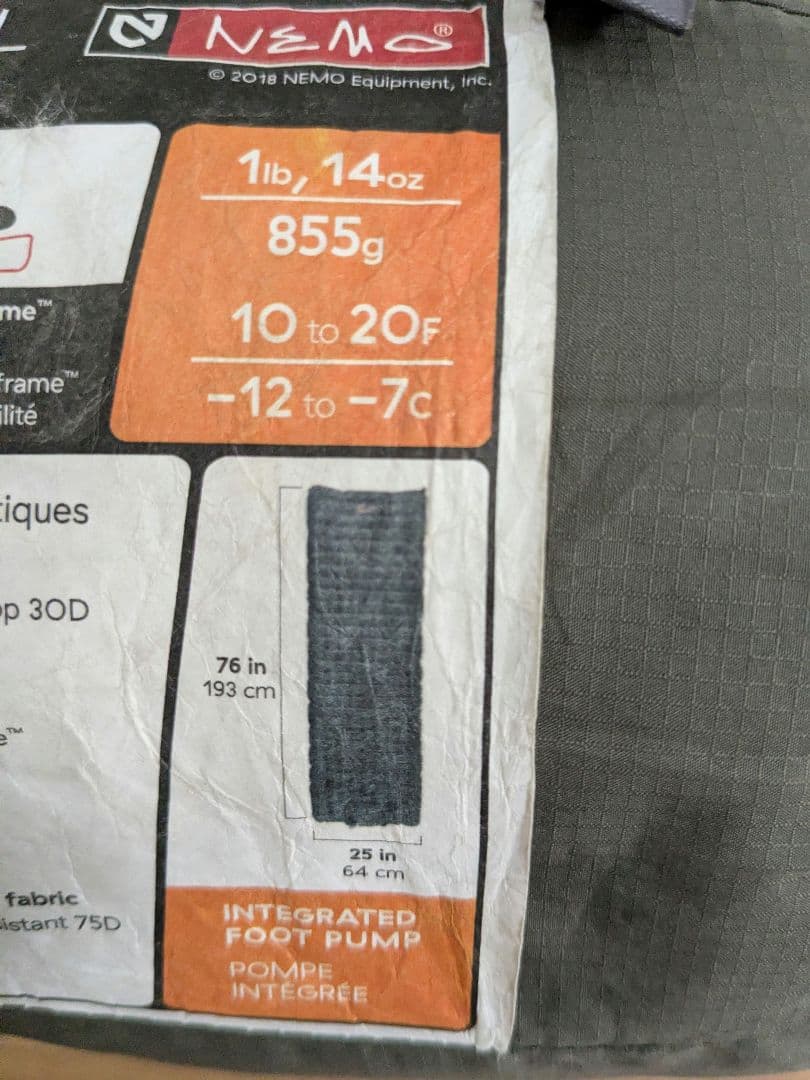 【ほぼ未使用】NEMO　インフレーターマット　VECTOR CAMP 25L