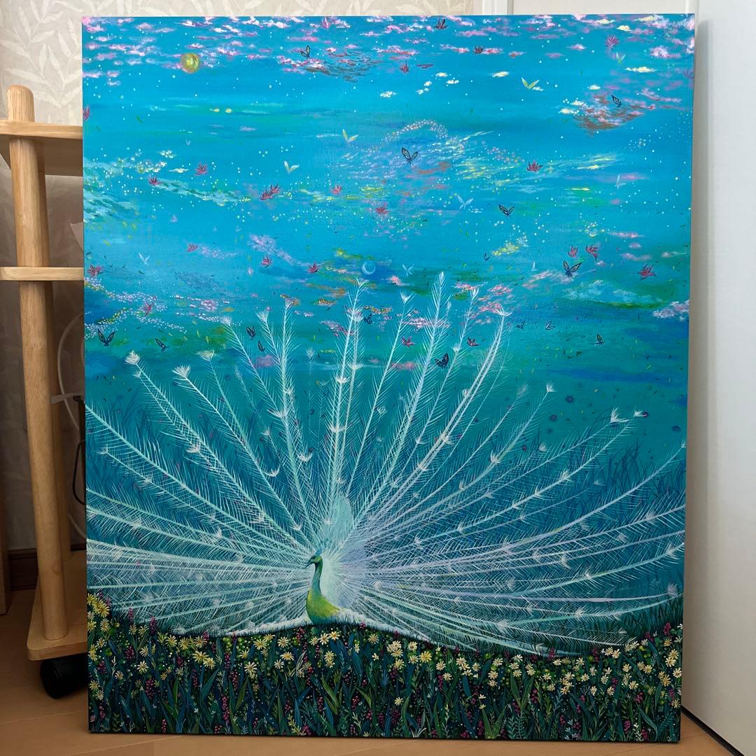 絵画　『色うつる空』 アクリル画家　白孔雀　縁起物