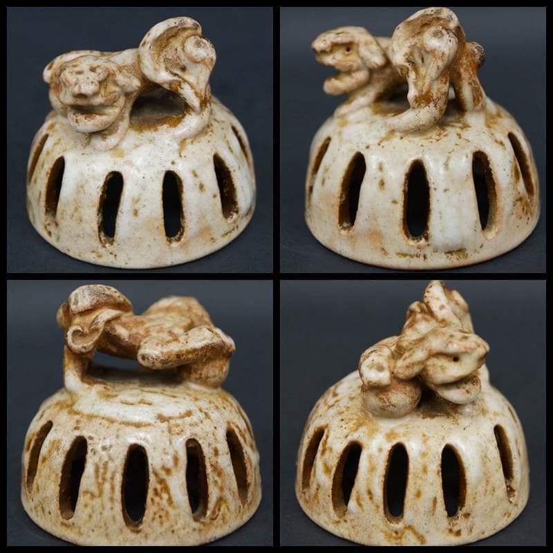 出雲焼 雲楽作 香炉 獅子摘 透かし蓋 双耳 三足香炉 箱付