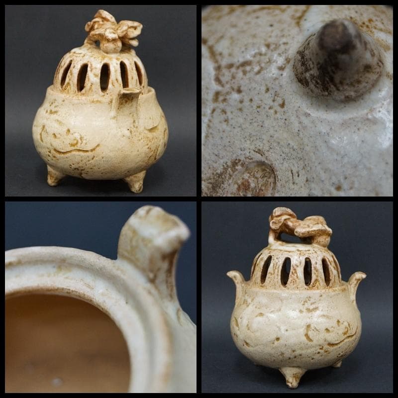 出雲焼 雲楽作 香炉 獅子摘 透かし蓋 双耳 三足香炉 箱付