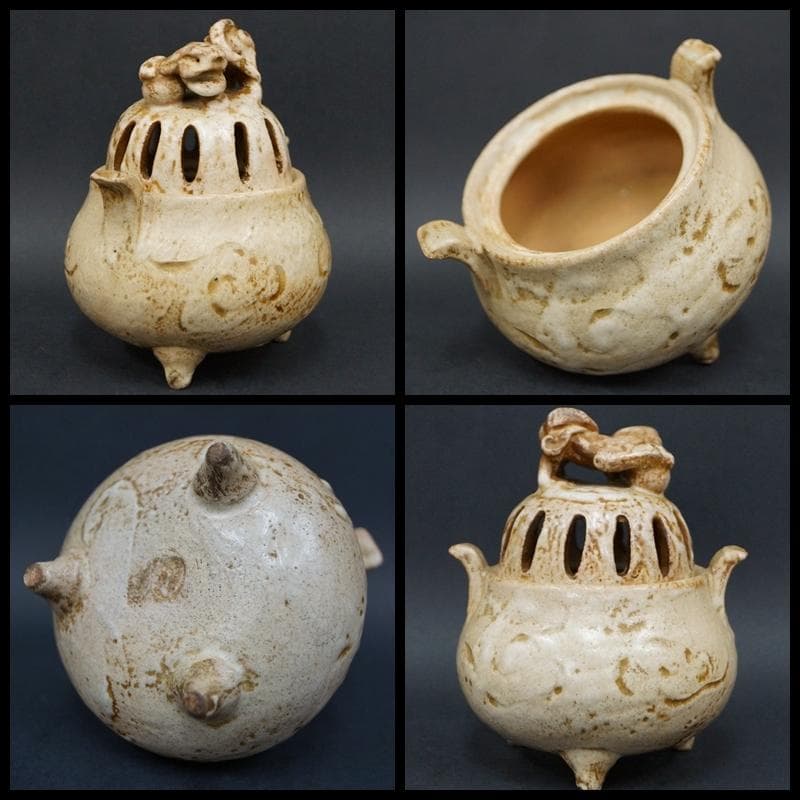 出雲焼 雲楽作 香炉 獅子摘 透かし蓋 双耳 三足香炉 箱付