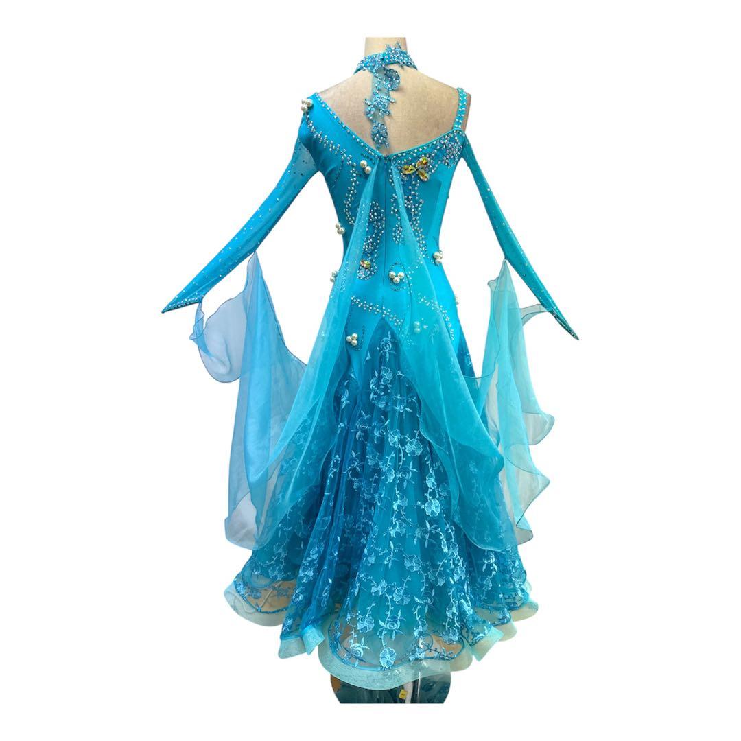 6316★M 水色 花柄レース スタンダードドレス 社交ダンス