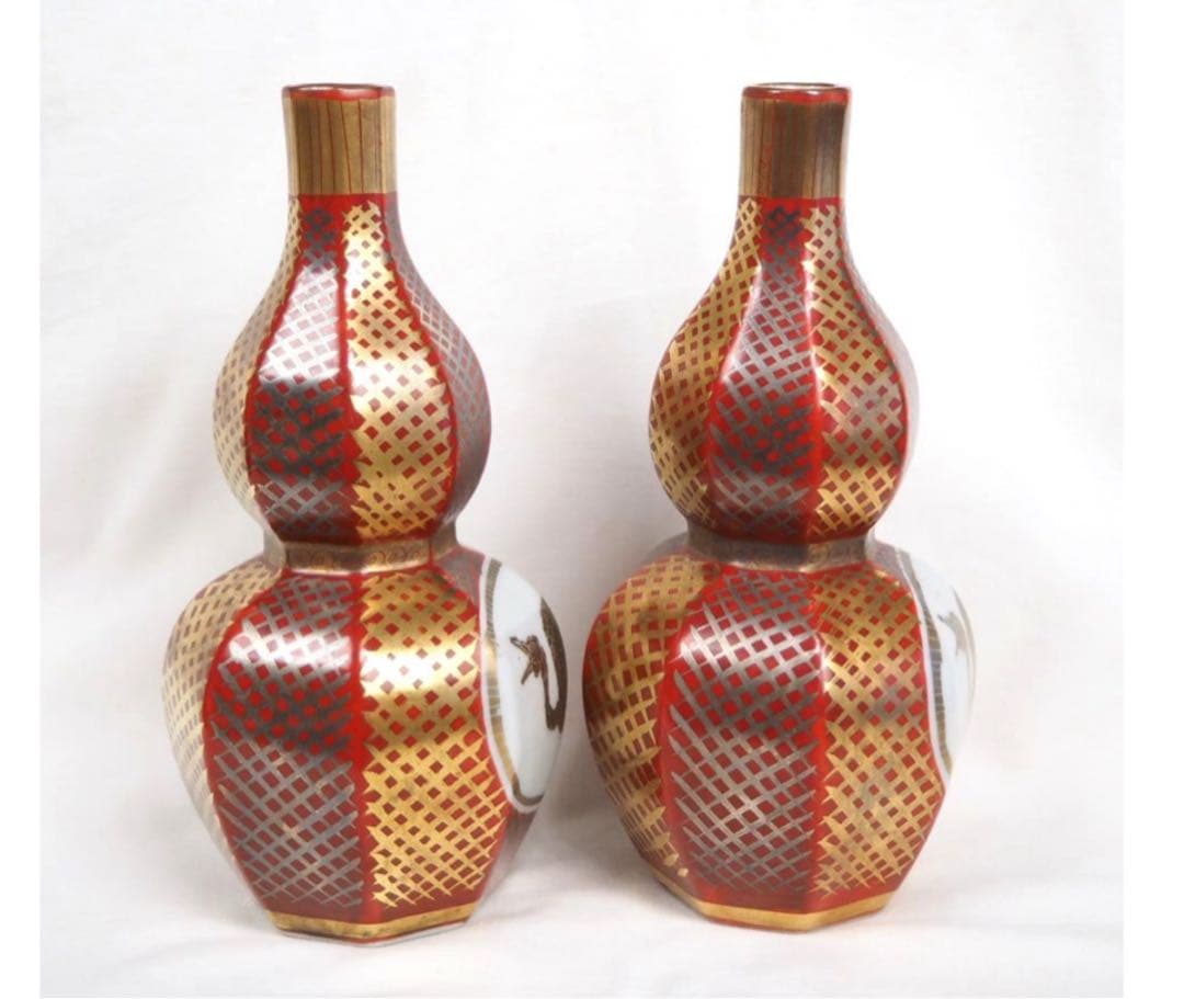 送料無料　日展作家、現代美術展審査員　九谷焼名工　山岸政明作　瑞鳥図徳利　共箱