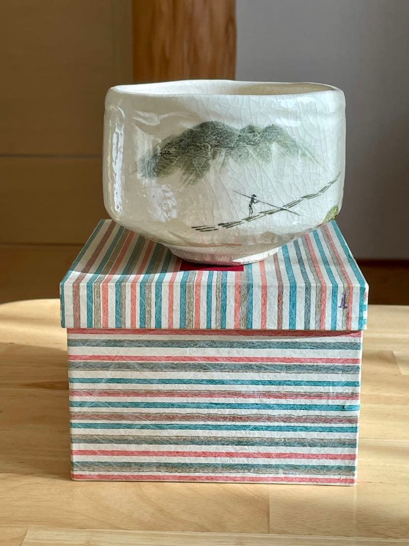 茶道具　抹茶碗　吉村楽入造 白楽　 山水紋　茶碗