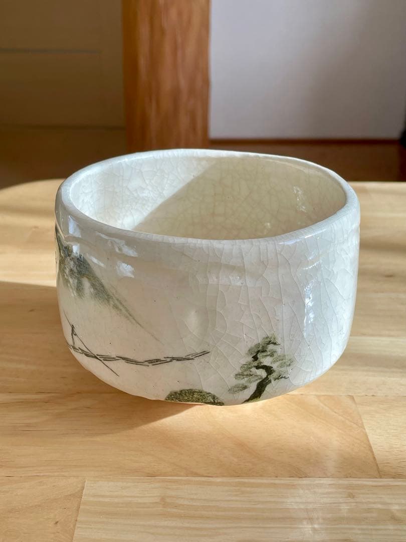 茶道具　抹茶碗　吉村楽入造 白楽　 山水紋　茶碗