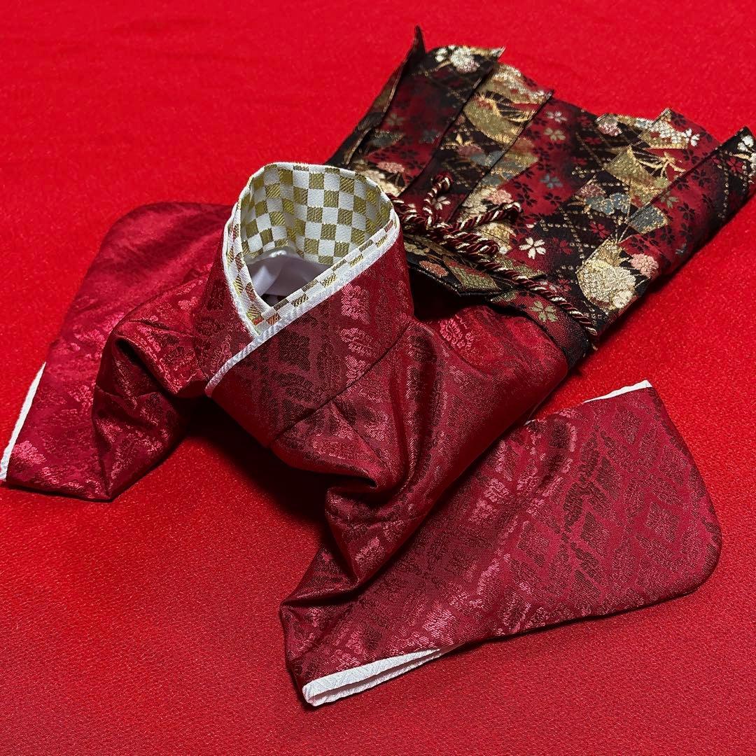 即納✨犬の袴✨犬用本格袴セット エンジ 扇柄 SM 扇柄 西陣織 金襴 犬服