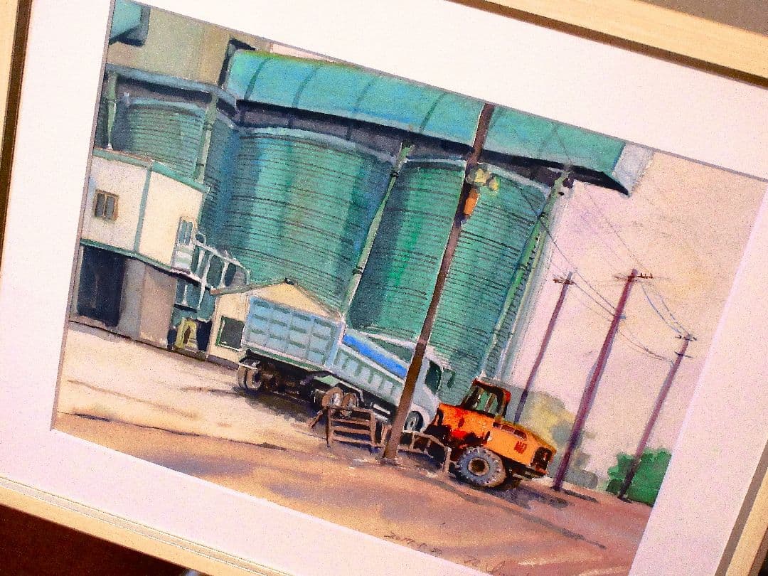 工場地帯水彩画 額装済み F6サイズ