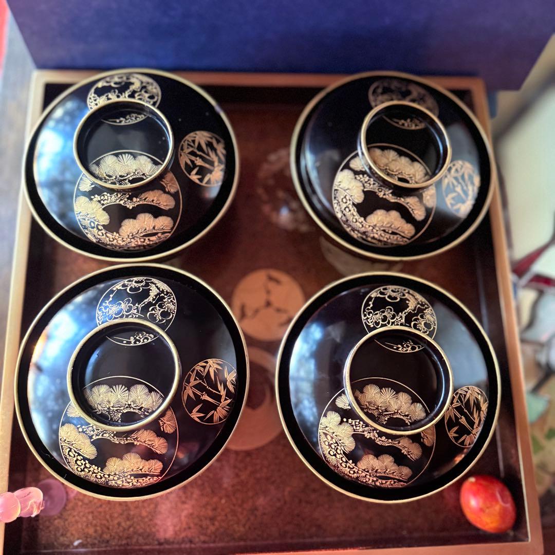 2115様感謝‼️ スーパームーン記念JAPAN輪島丸紋沈金松竹梅&鶴亀　黒椀4客