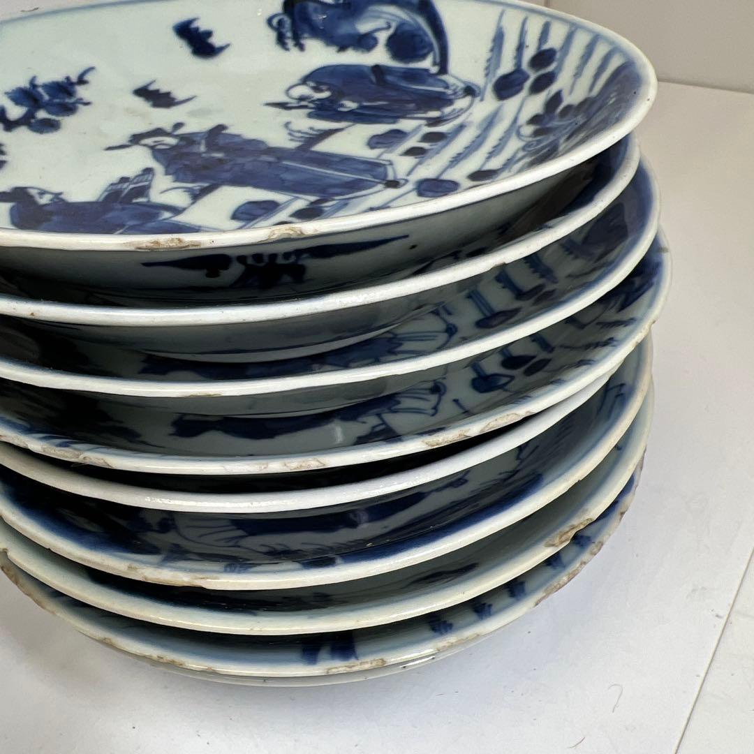 中国明末清朝期　古染付人物画中皿19枚　木箱　約16.5㎝東Y7-0723⭐︎2F